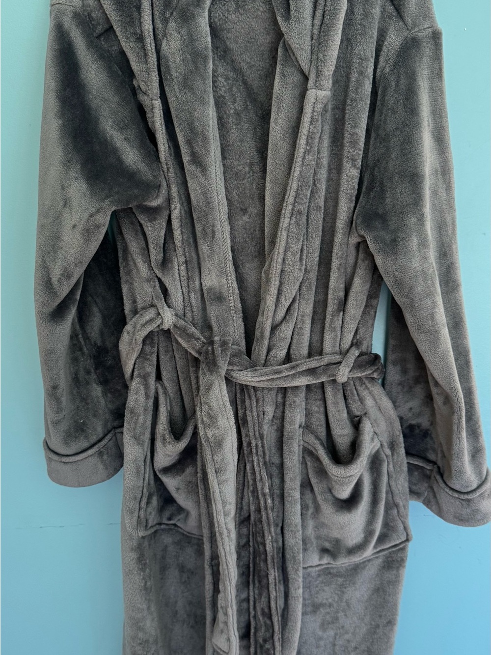Gray Plush Bathrobe with Pockets and Belt